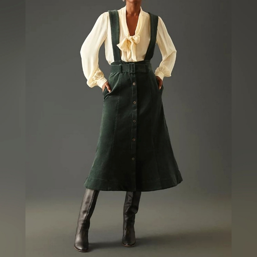 Maeve Corduroy Button-Down Pinafore Dress Dark Green